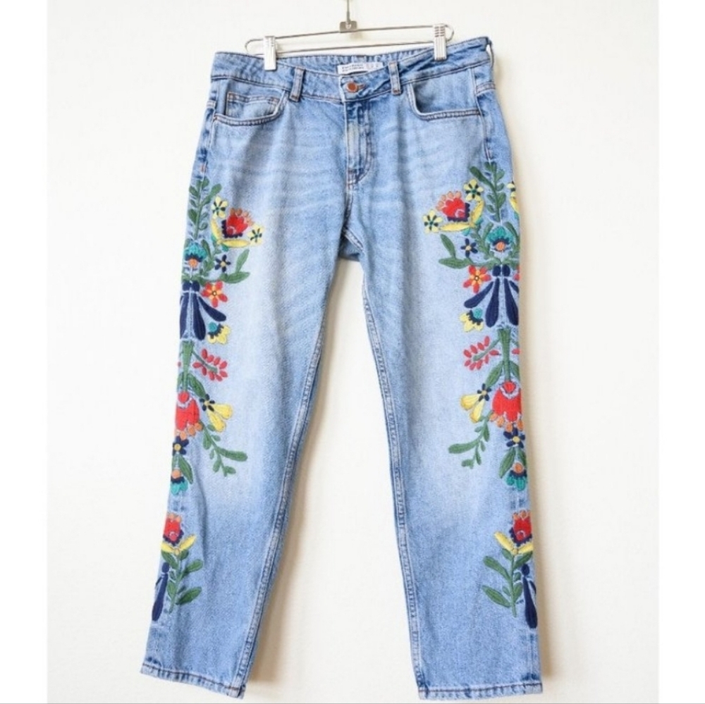 Zara Basic Z1975 Denim Floral Embroidered Crop Pant Jean SZ6